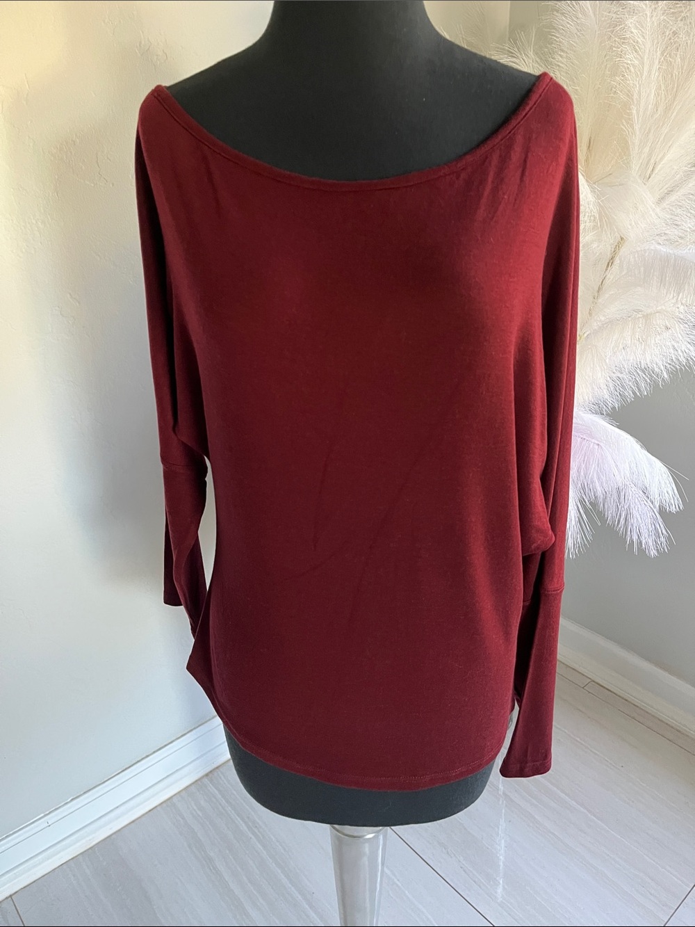 OGL Wine Red Off-Shoulder Long Sleeve Top